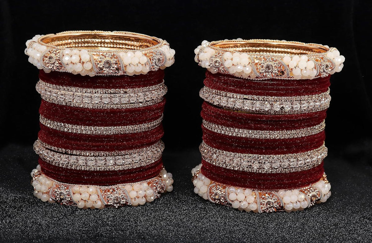 NMII Alloy Metal with Zircon Gemstone, Pearls & Velvet Adorned Alloy Bangles Set For Girls and Women