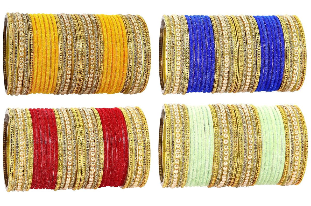 NMII Multicolour Glass with Zircon Stone, Pearls and Golden Ballchain Studded Fancy Velvet Bangles Set For Women's and Girls | Stylish Glass Bangles Set- Pack of 128 Bangles