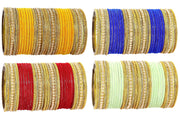NMII Multicolour Glass with Zircon Stone, Pearls and Golden Ballchain Studded Fancy Velvet Bangles Set For Women's and Girls | Stylish Glass Bangles Set- Pack of 128 Bangles