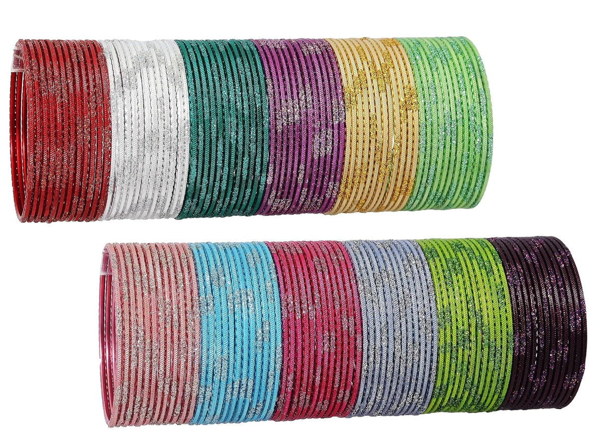 NMII Stylish Multi colour Metal Bangles set for women and Girls with Zari and Cutting Design | Fancy Multicolour Bangles for women | Metal Churi Set- Pack of 144 Bangles