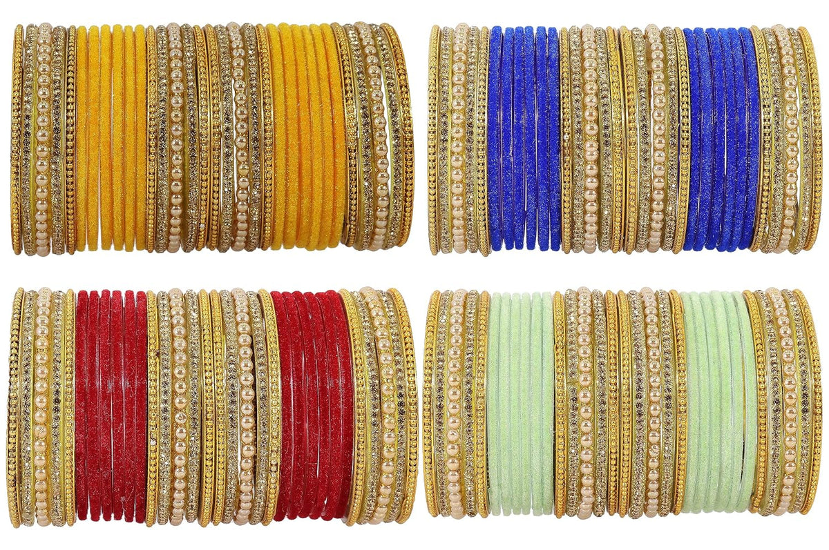 NMII Multicolour Glass with Zircon Stone, Pearls and Golden Ballchain Studded Fancy Velvet Bangles Set For Women's and Girls | Stylish Glass Bangles Set- Pack of 128 Bangles