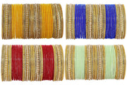 NMII Multicolour Glass with Zircon Stone, Pearls and Golden Ballchain Studded Fancy Velvet Bangles Set For Women's and Girls | Stylish Glass Bangles Set- Pack of 128 Bangles