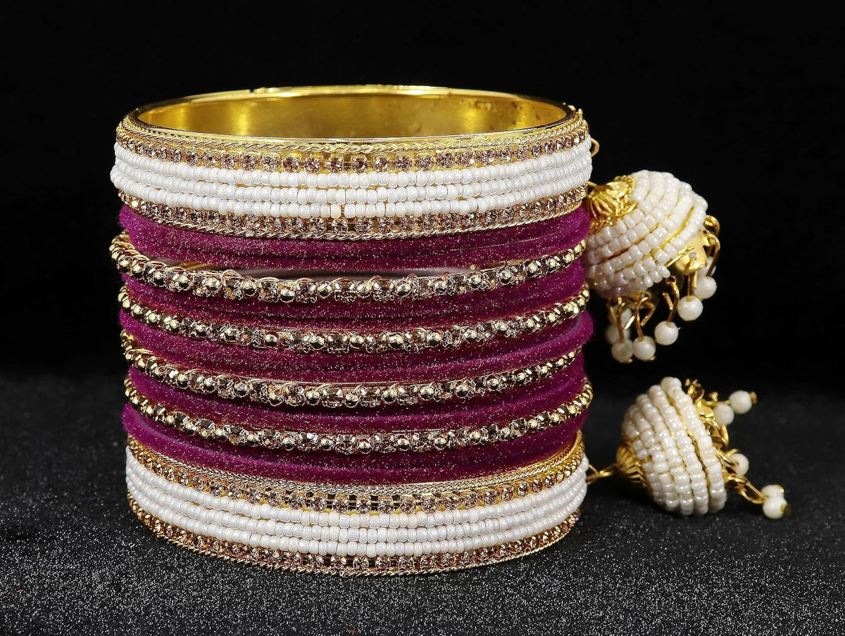 NMII Alloy Metal with Zircon Gemstone, Pearls and Velvet Latkan Golden Bangles Set For Girls and Women