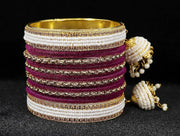NMII Alloy Metal with Zircon Gemstone, Pearls and Velvet Latkan Golden Bangles Set For Girls and Women