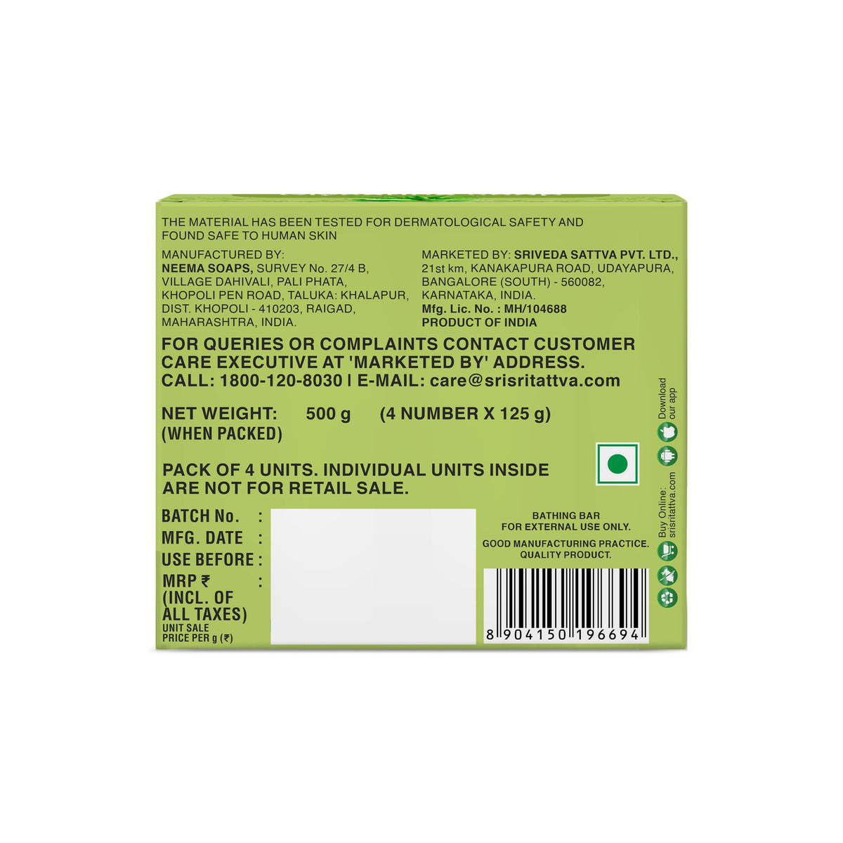 Sri Sri Tattva Aloe Fresh Glycerine Soap | For Soothing Skin | 125 g Each | Pack of 4