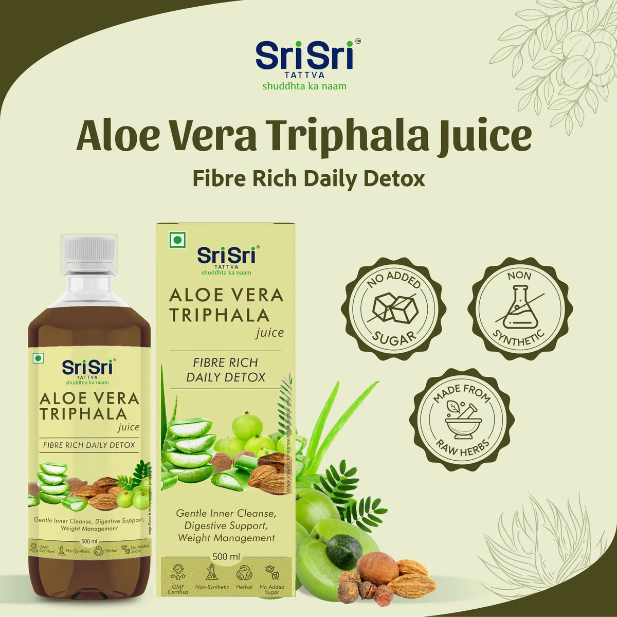 Sri Sri Tattva Aloe Vera Triphala Juice - Fibre Rich Daily Detox | Gentle Inner Cleanse, Digestive Support, Weight Management | No Added Sugar | 500 ml