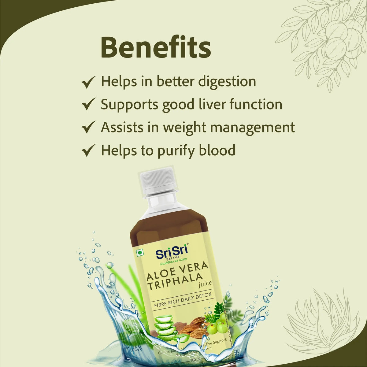 Sri Sri Tattva Aloe Vera Triphala Juice - Fibre Rich Daily Detox | Gentle Inner Cleanse, Digestive Support, Weight Management | No Added Sugar | 500 ml