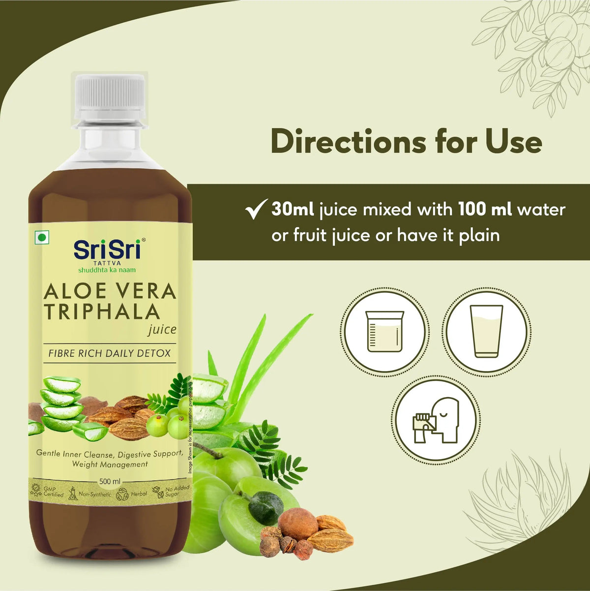Sri Sri Tattva Aloe Vera Triphala Juice - Fibre Rich Daily Detox | Gentle Inner Cleanse, Digestive Support, Weight Management | No Added Sugar | 500 ml