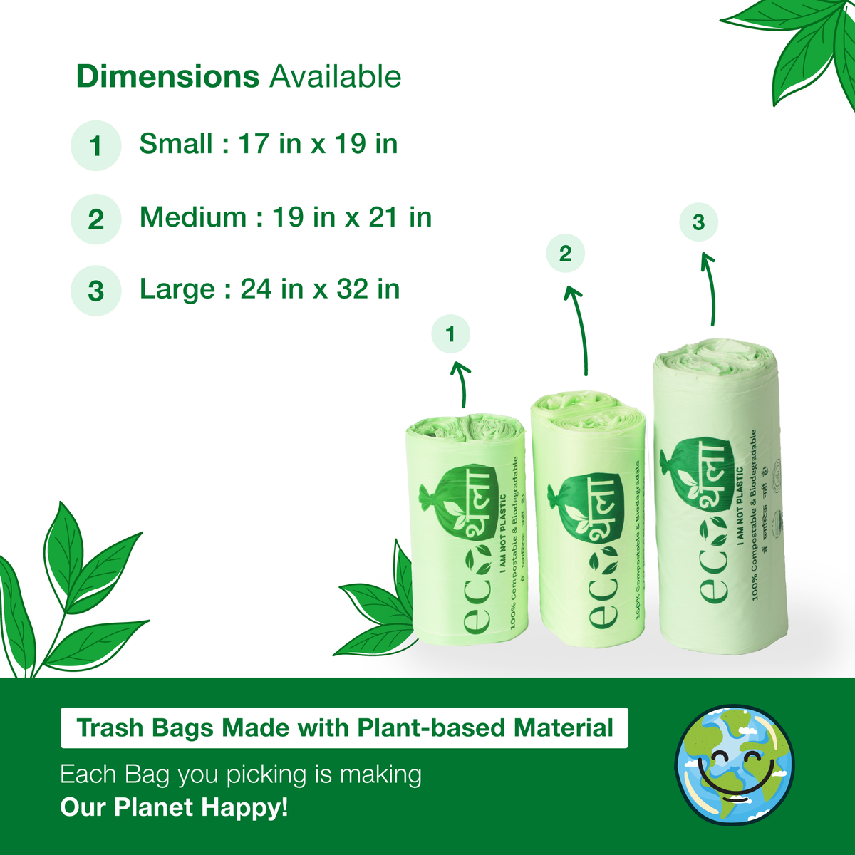 Sri Sri Tattva Eco Thaila - ECO Friendly Garbage Bags | Small - 45 Bags (3 Rolls, 15 bags each) | 17 X 19 Inches | Compostable & Biodegradable