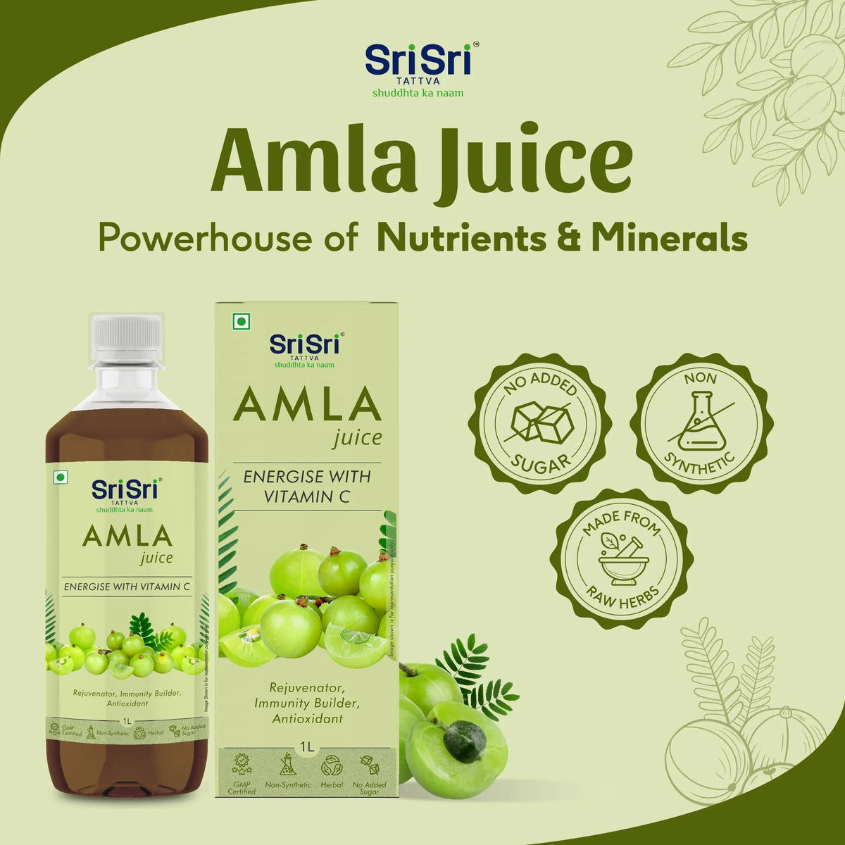 Sri Sri Tattva Amla Juice - Energise With Vitamin C | Rejuvenator, Immunity Builder, Antioxidant | No Added Sugar | 1 L