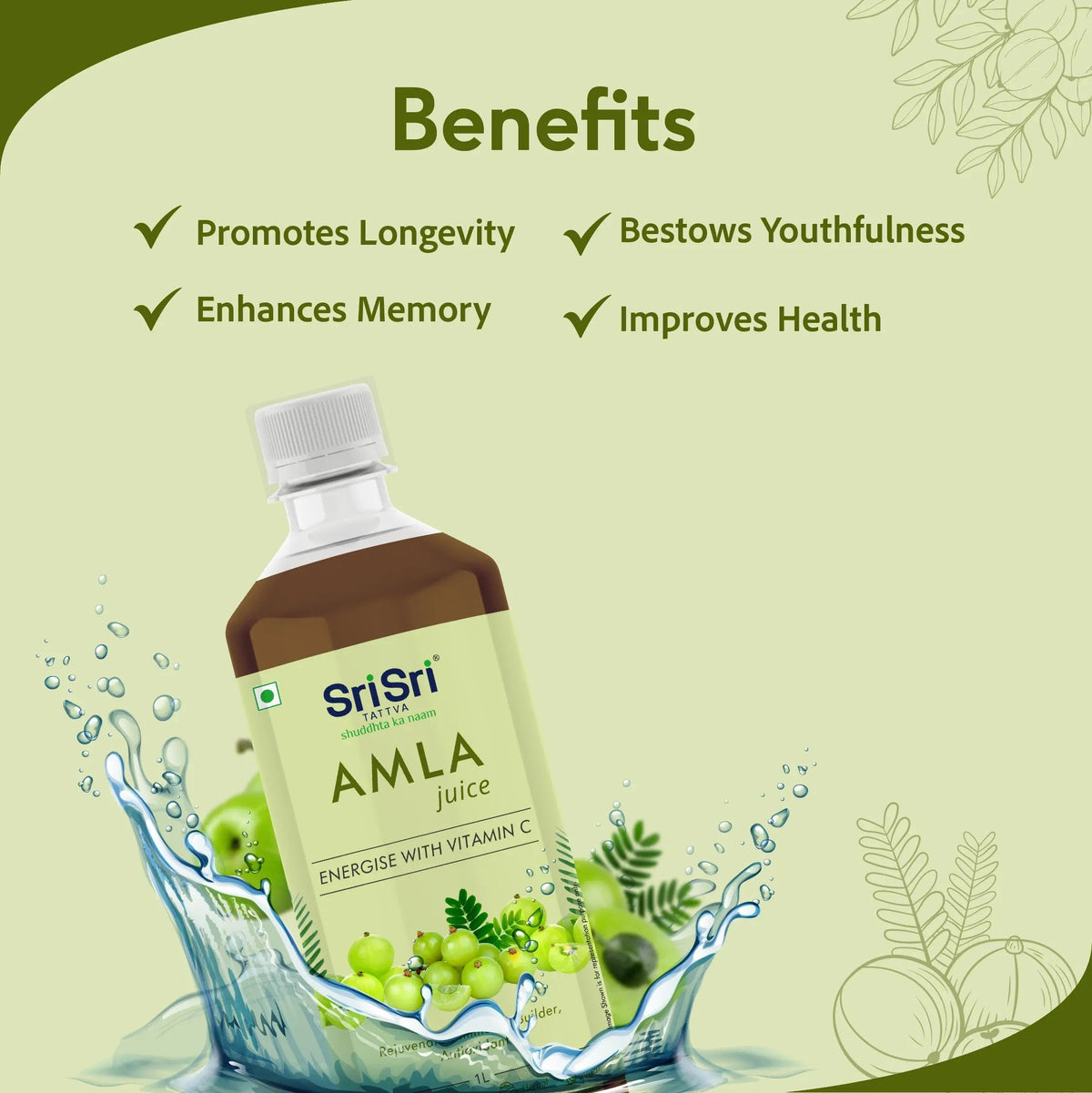 Sri Sri Tattva Amla Juice - Energise With Vitamin C | Rejuvenator, Immunity Builder, Antioxidant | No Added Sugar | 1 L