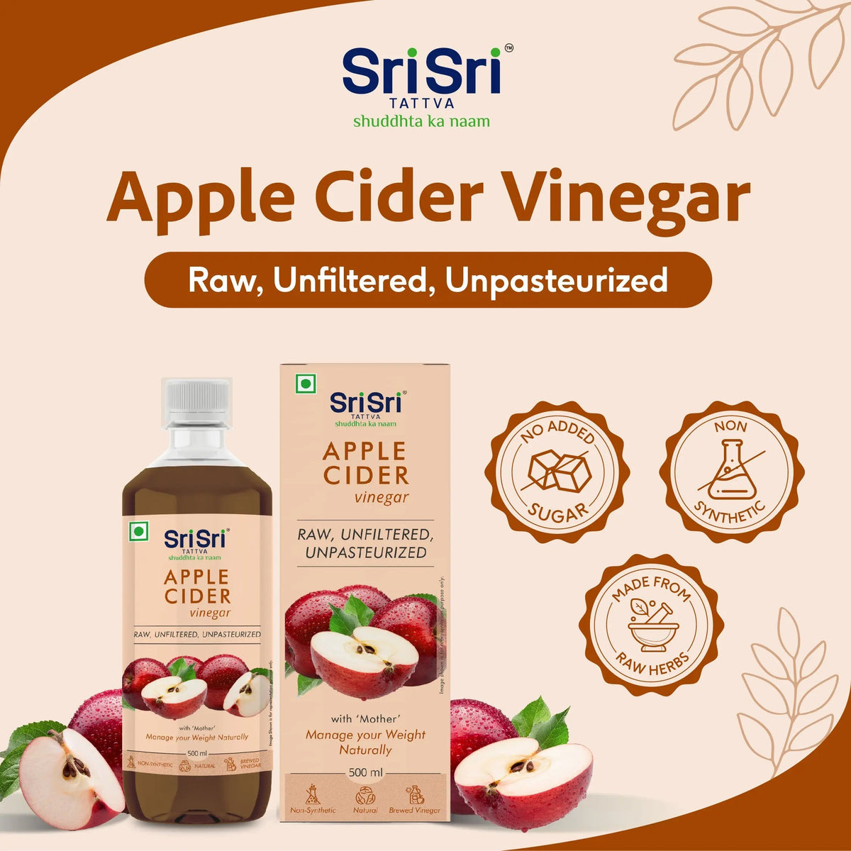 Sri Sri Tattva Apple Cider Vinegar - Raw, Unfiltered, Unpasteurized | Manage Your Weight Naturally | 500 ml