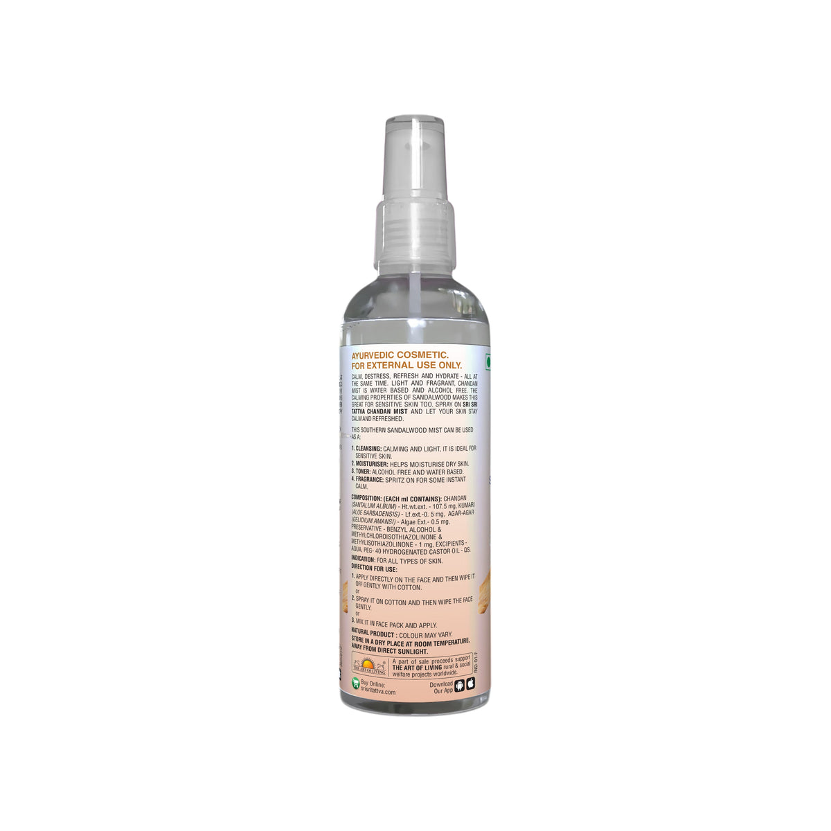 Sri Sri Tattva Chandan - Southern Sandalwood Mist | Keep Your Skin Calm And Refreshed | Cleanser, Moisturiser, Toner, Fragrance | Spray Bottle | 100 ml