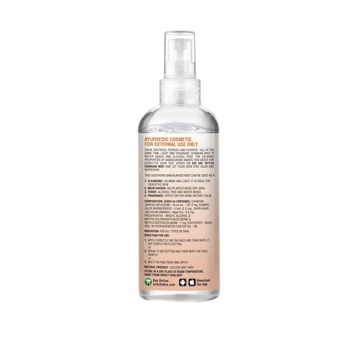 Sri Sri Tattva Chandan - Southern Sandalwood Mist | Keep Your Skin Calm And Refreshed | Cleanser, Moisturiser, Toner, Fragrance | Spray Bottle | 50 ml