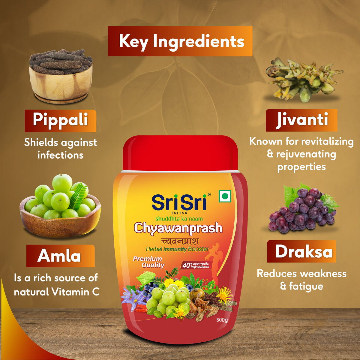 Sri Sri Tattva Chyawanprash - Herbal Immunity Booster with 40+ Ayurvedic Ingredients for Better Strength and Stamina, 500 g