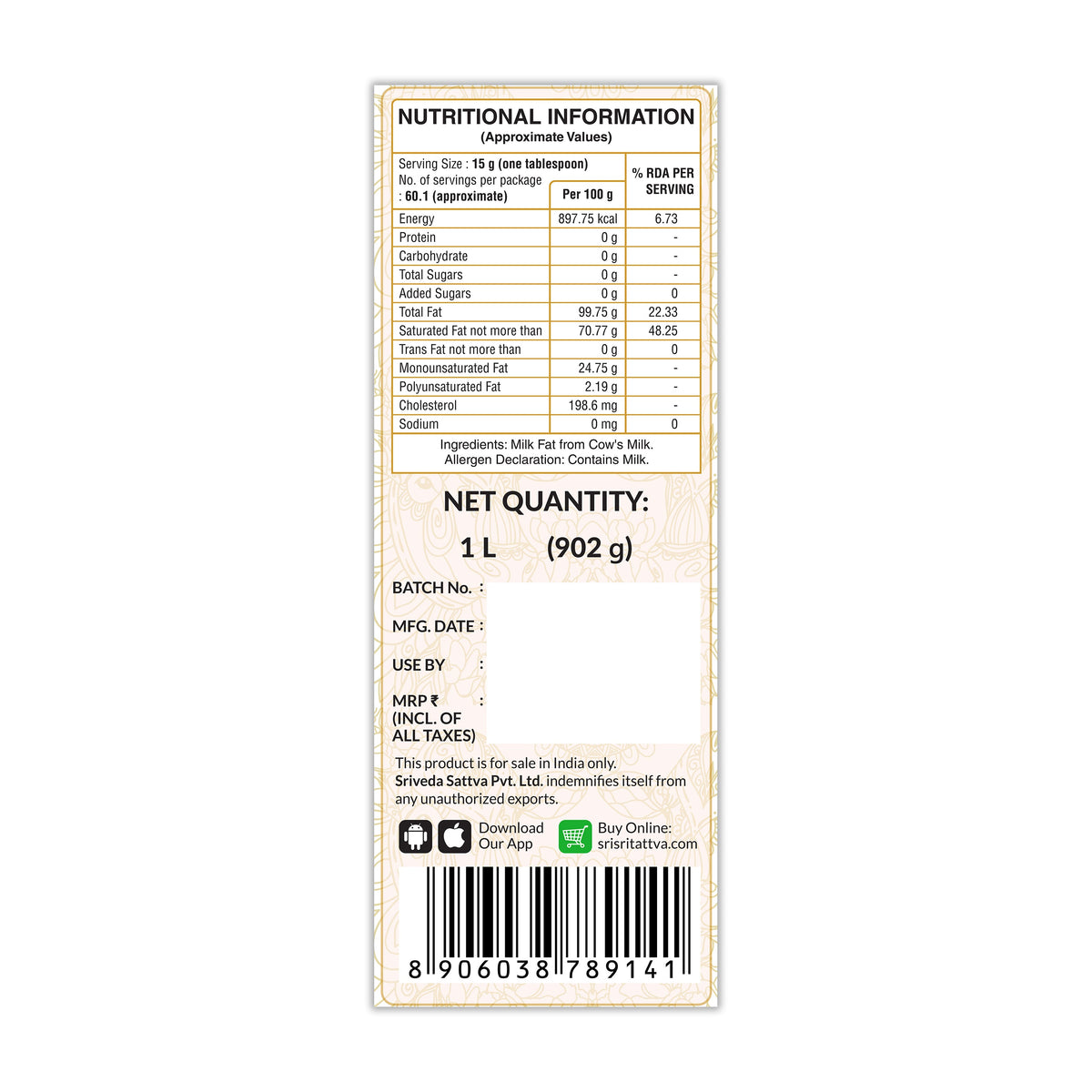 Sri Sri Tattva Cow’s Premium Ghee, 1 L