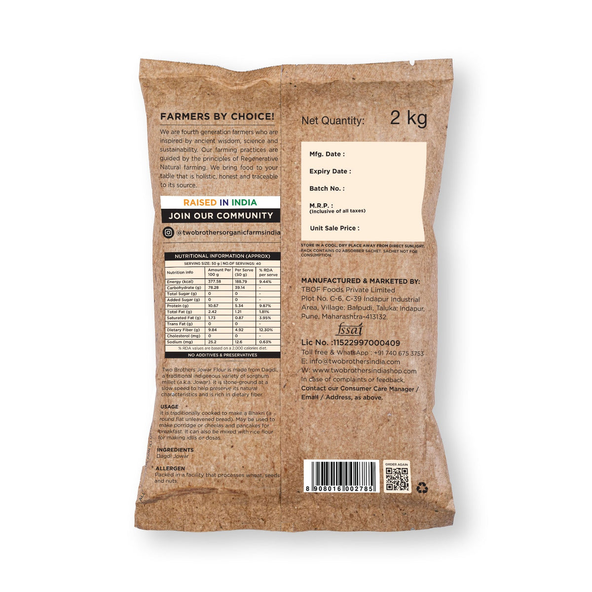 Two Brothers Organic Farms Jowar (Sorghum) Atta, Desi Dagdi Stoneground