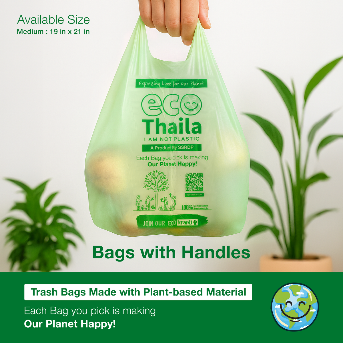 Sri Sri Tattva Eco Thaila - ECO Friendly Garbage Bags With Easy - Tie Handles | 45 bags (3 Boxes 15 bags each) | Compostable & Biodegradable