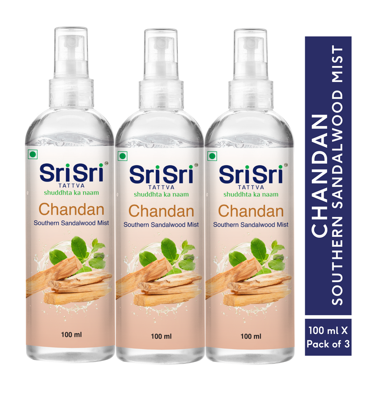 Sri Sri Tattva Chandan - Southern Sandalwood Mist | Keep Your Skin Calm And Refreshed | Cleanser, Moisturiser, Toner, Fragrance | Spray Bottle | 100 ml x Pack of 3