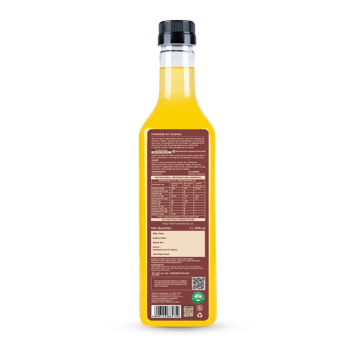 Two Brothers Organic Farms Groundnut Oil, Cold-Pressed, Single-filtered