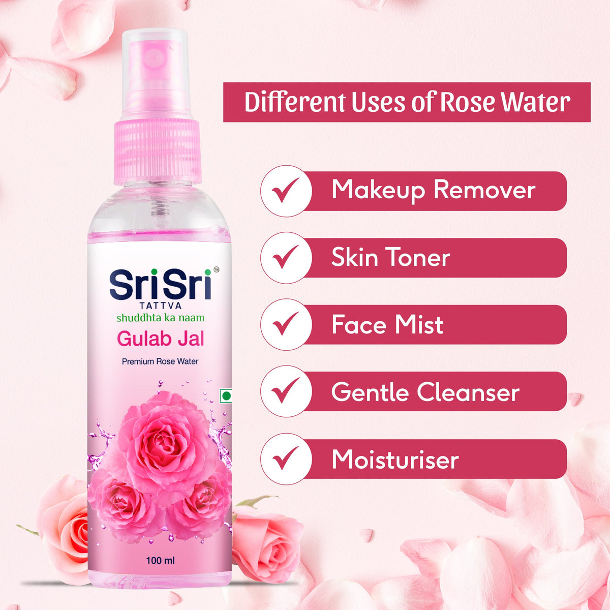 Sri Sri Tattva Gulab Jal - Premium Rose Water | Toner Cleanser Moisturizer | Spray Bottle | 100 ml