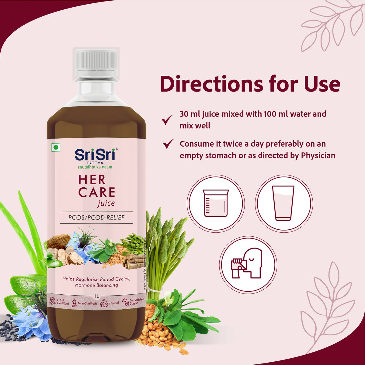 Sri Sri Tattva Her Care Juice - Women Health Tonic | Helps Hormone Balancing | 1 L
