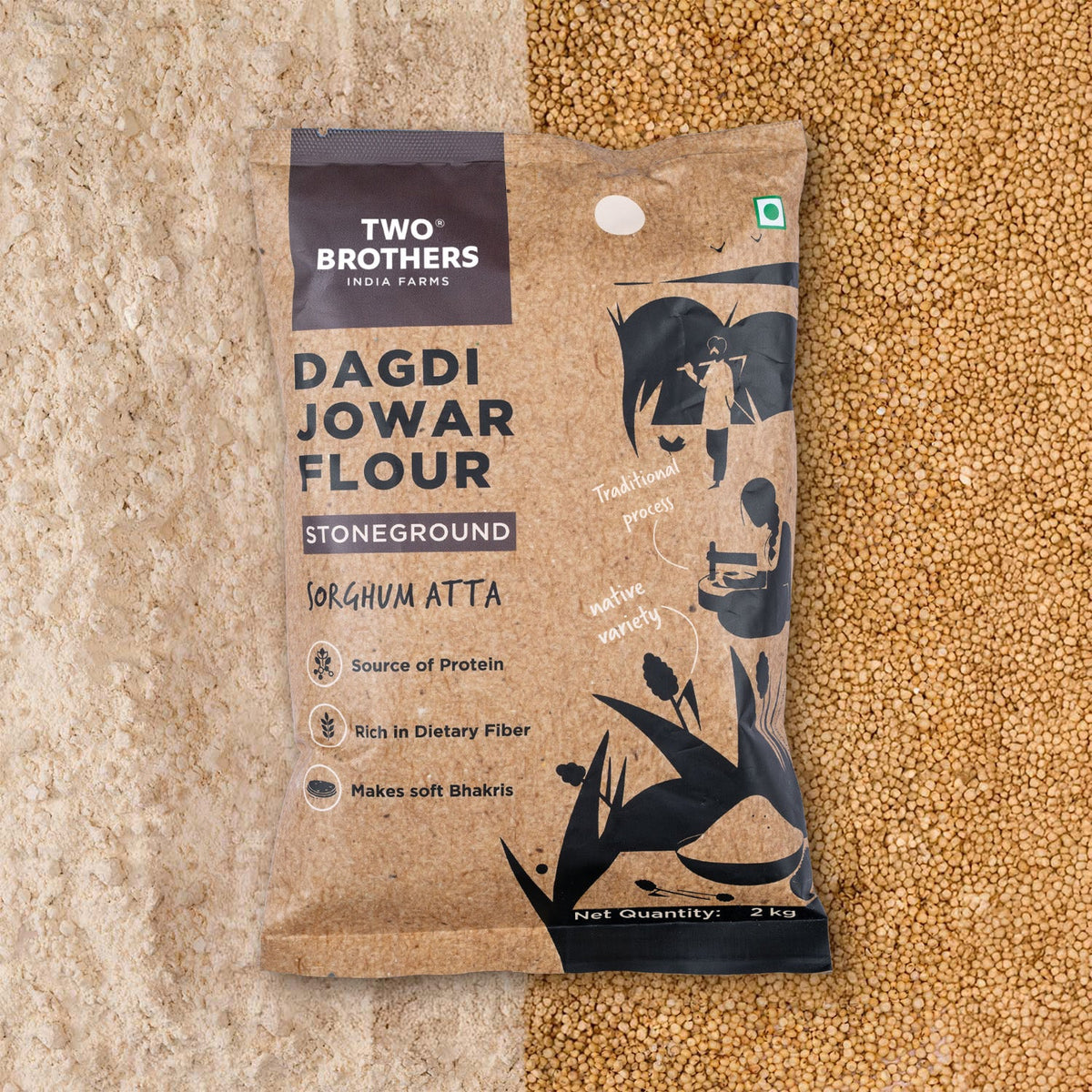 Two Brothers Organic Farms Jowar (Sorghum) Atta, Desi Dagdi Stoneground