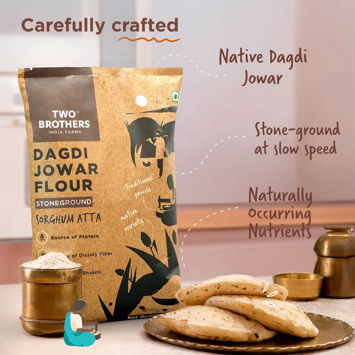 Two Brothers Organic Farms Jowar (Sorghum) Atta, Desi Dagdi Stoneground