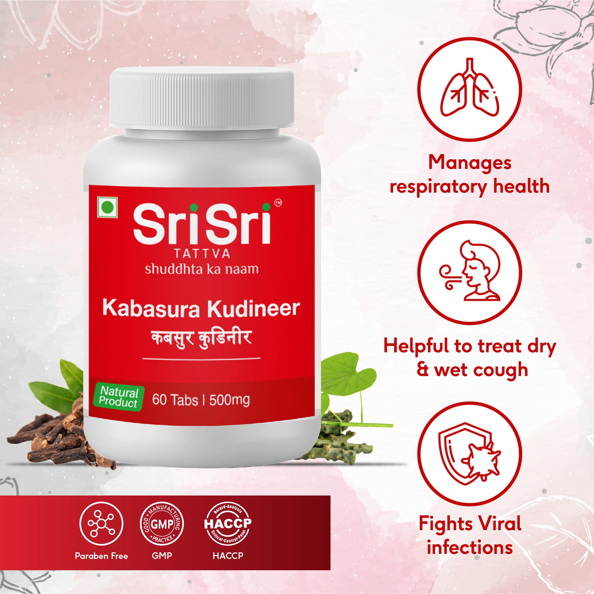 Sri Sri Tattva Kabasura Kudineer | Manages Respiratory Health | Helpful To Treat Dry & Wet Cough | Fights Viral Inflections | Natural Product | 60 Tabs, 500 mg