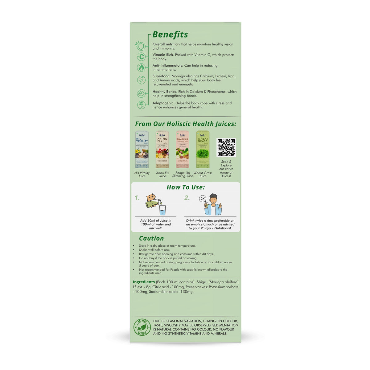 Sri Sri Tattva Moringa Juice - Powerhouse Of Nutrients | Superfood, Rich In Vitamin A,C,B, Calcium, Iron And Antioxidants, Blood Purifier | 1 L