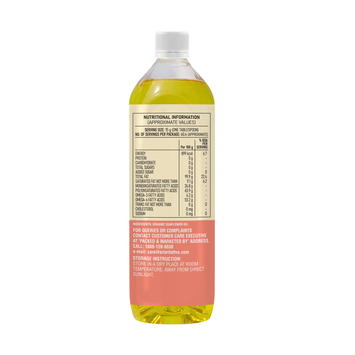 Sri Sri Tattva Organic Sunflower Oil Bottle - Cold Pressed | Unrefined | 1 L