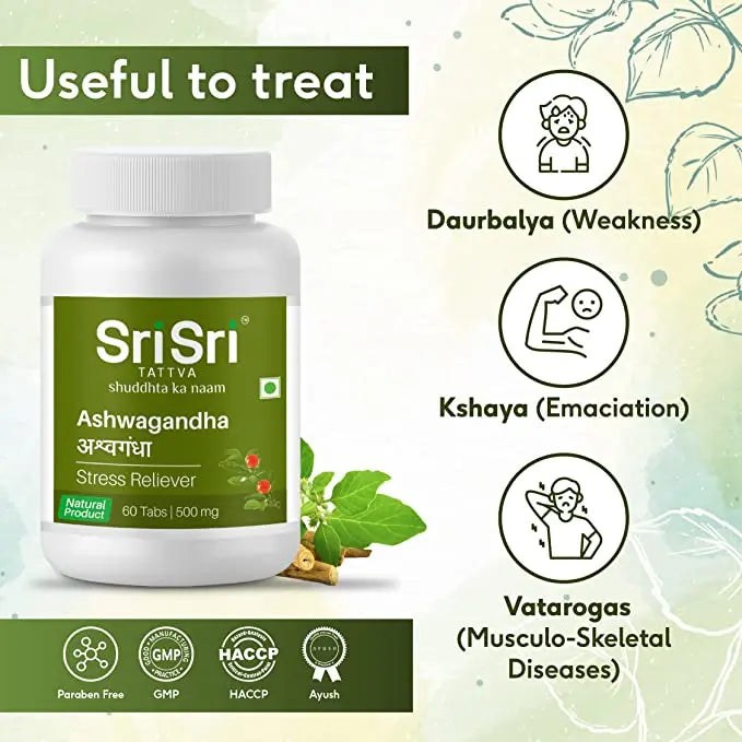 Sri Sri Tattva Ashwagandha - Stress Relief | Balances Nervous System | Promotes Quality Sleep | Restores Energy & Strength | 60 Tabs, 500 mg