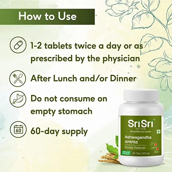 Sri Sri Tattva Ashwagandha - Stress Relief | Balances Nervous System | Promotes Quality Sleep | Restores Energy & Strength | 60 Tabs, 500 mg