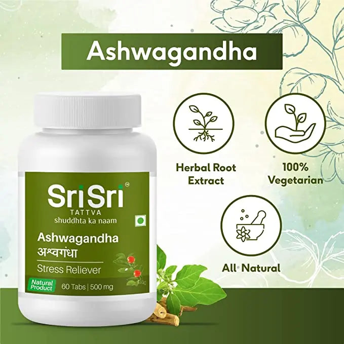 Sri Sri Tattva Ashwagandha - Stress Relief | Balances Nervous System | Promotes Quality Sleep | Restores Energy & Strength | 60 Tabs, 500 mg