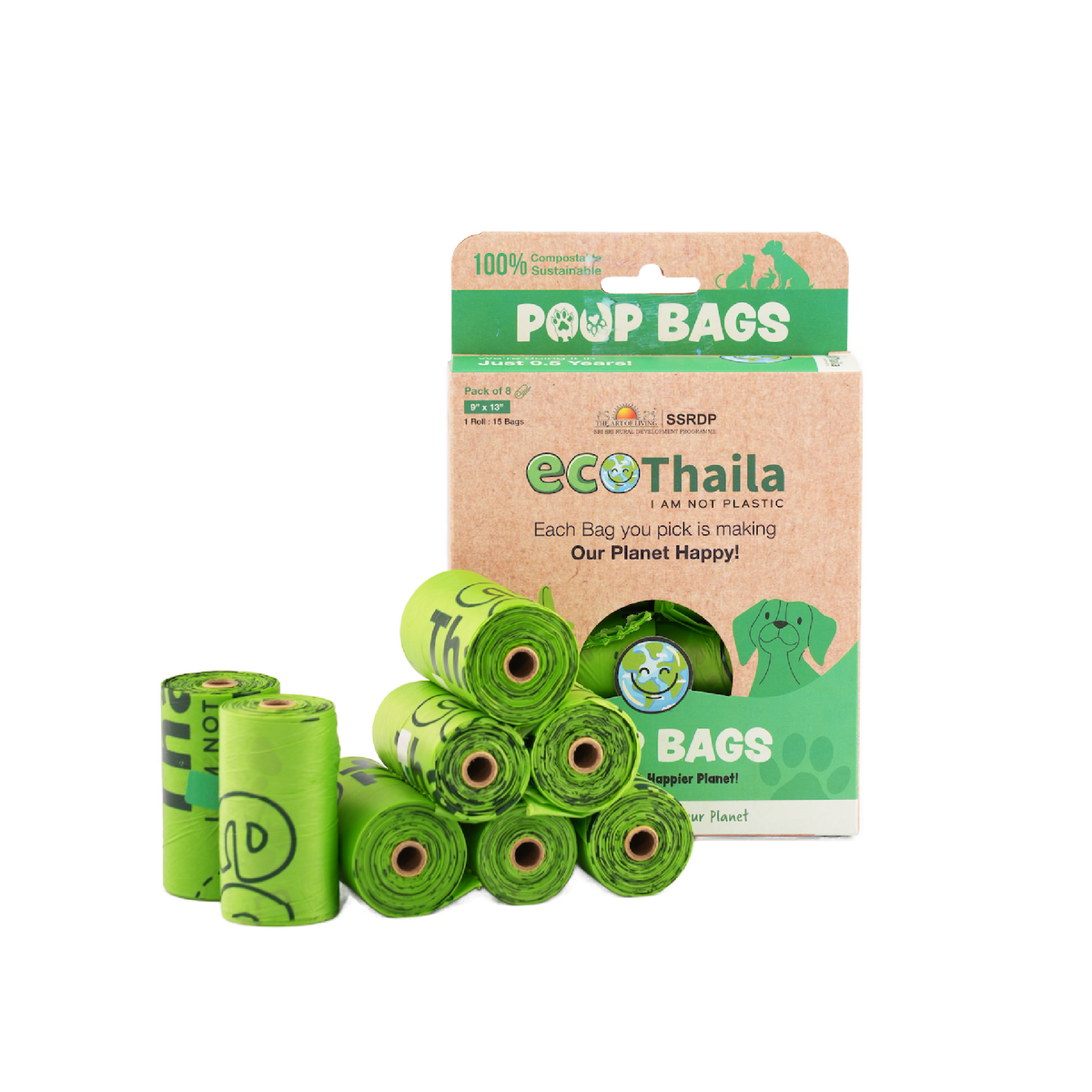 Sri Sri Tattva Eco Thaila - Compostable Poop Bags for Dogs & Cats | 120 Bags (8 Rolls, 15 bags each) | 9 x 13 Inches | Biodegradable & Eco-Friendly