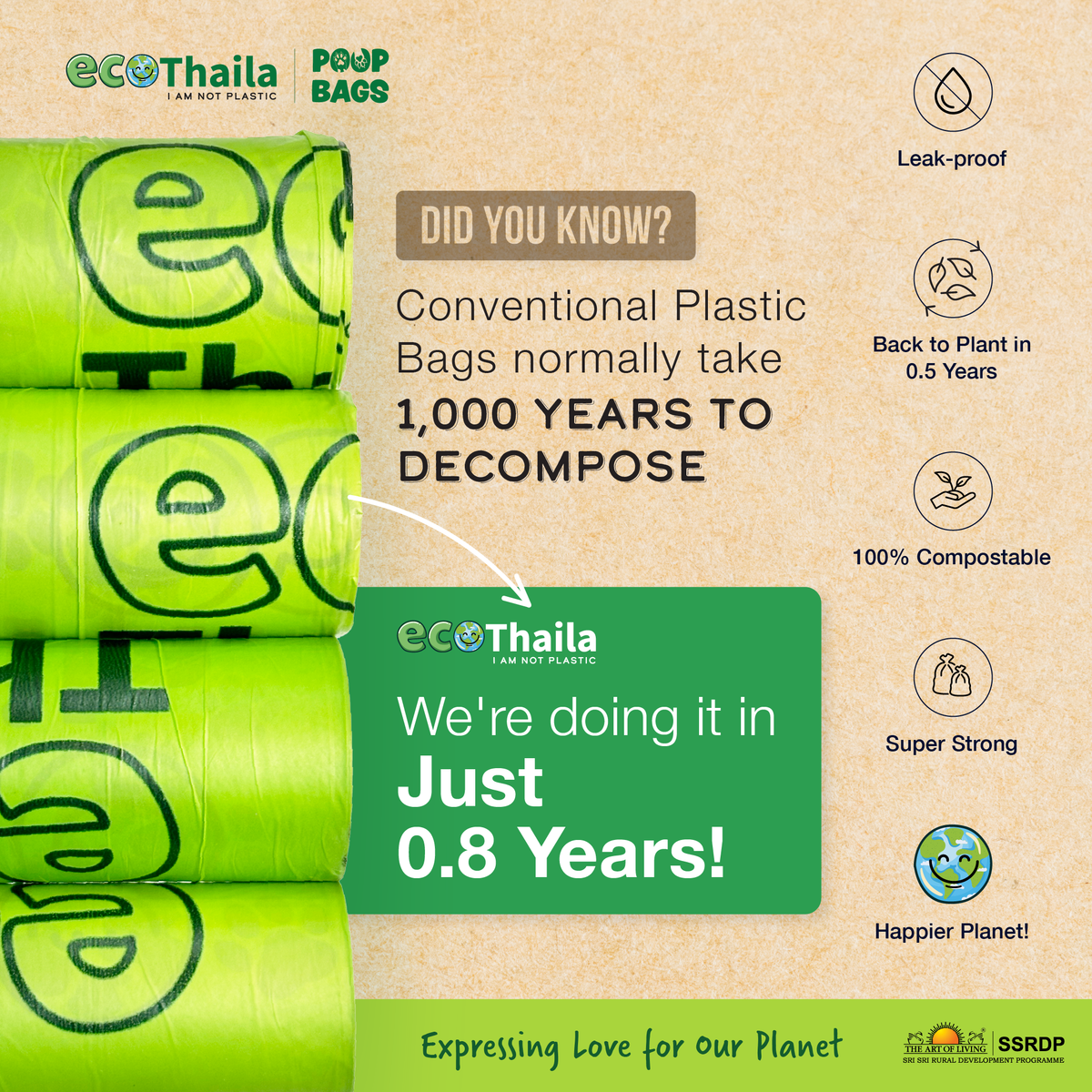 Sri Sri Tattva Eco Thaila - Compostable Poop Bags for Dogs & Cats | 120 Bags (8 Rolls, 15 bags each) | 9 x 13 Inches | Biodegradable & Eco-Friendly