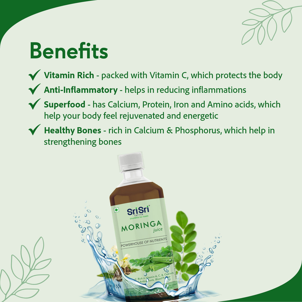 Sri Sri Tattva Moringa Juice - Powerhouse Of Nutrients | Superfood, Rich In Vitamin A,C,B, Calcium, Iron And Antioxidants, Blood Purifier | 1 L