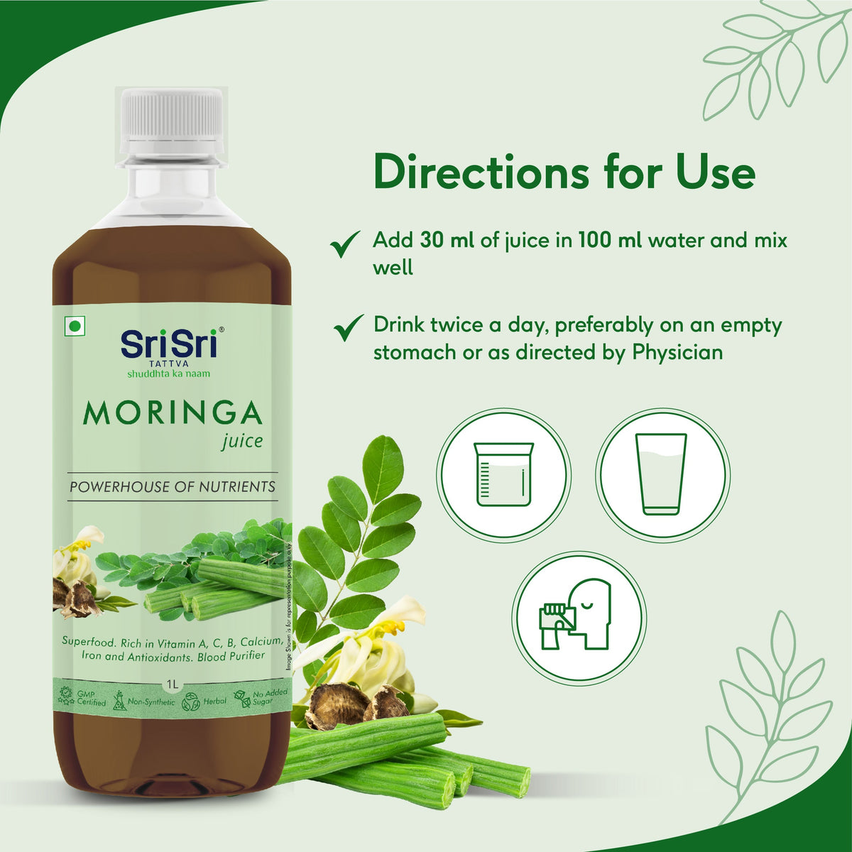 Sri Sri Tattva Moringa Juice - Powerhouse Of Nutrients | Superfood, Rich In Vitamin A,C,B, Calcium, Iron And Antioxidants, Blood Purifier | 1 L