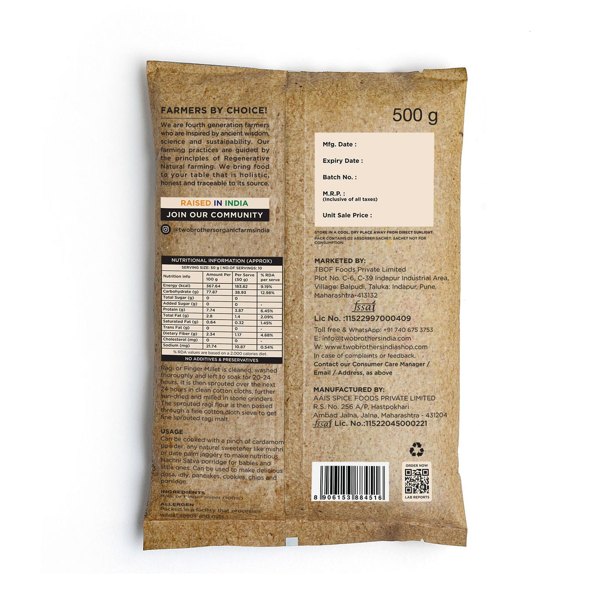 Two Brothers Organic Farms Sprouted Ragi Flour - Nachni Satva