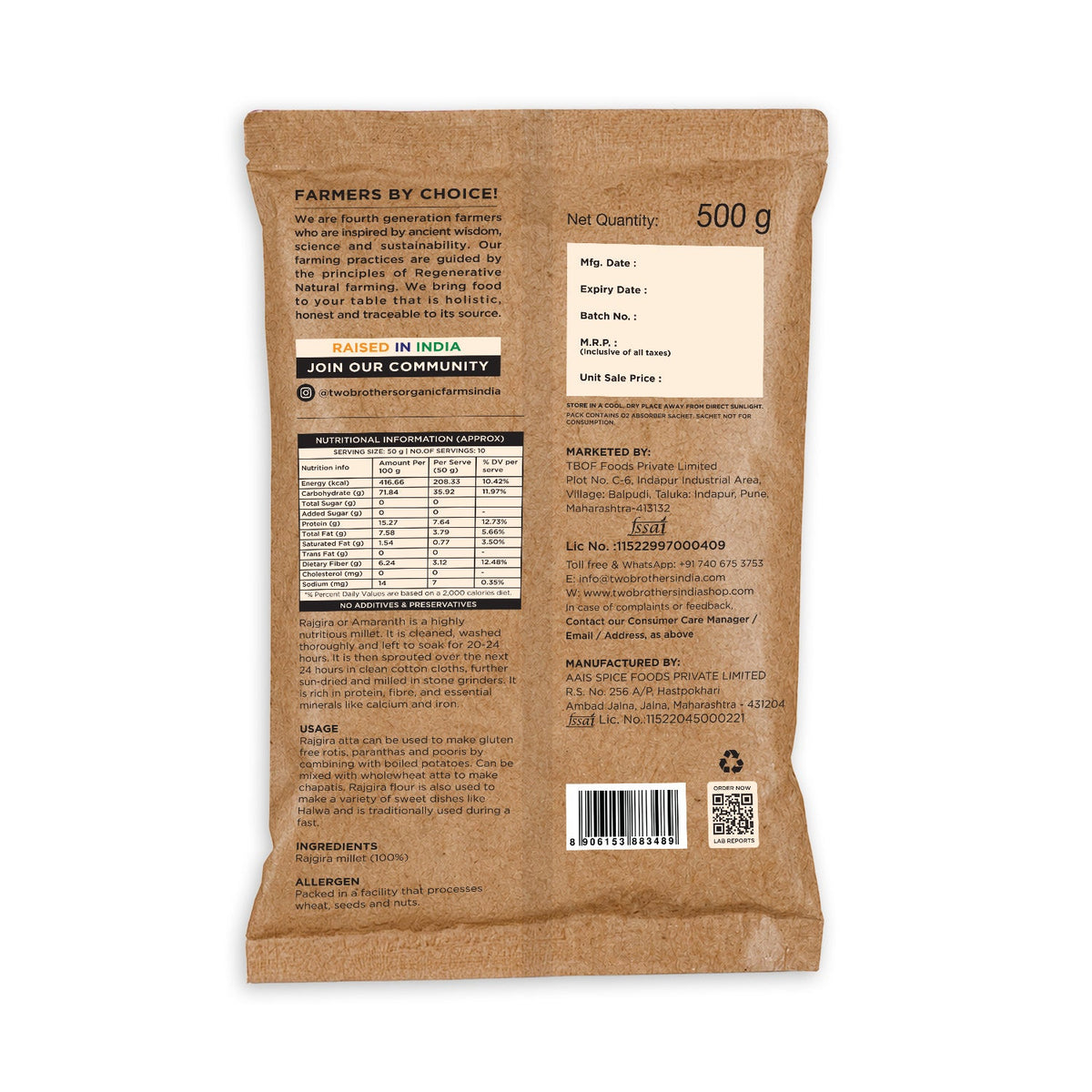 Two Brothers Organic Farms Sprouted Rajgira Atta (Sprouted Amaranth Flour), 500 gms