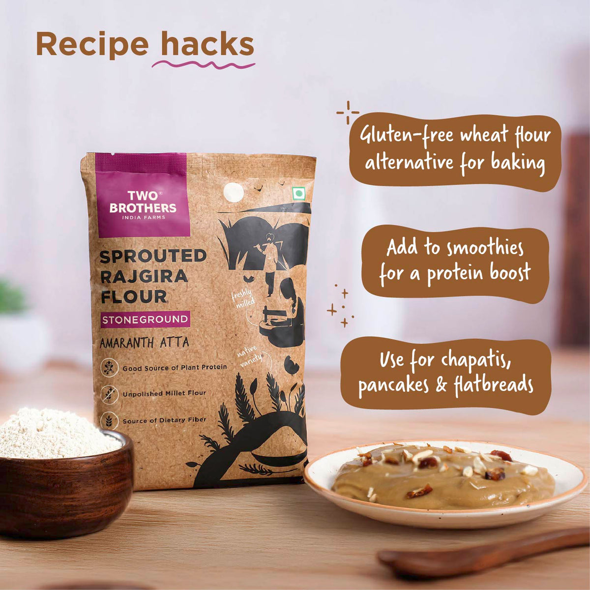Two Brothers Organic Farms Sprouted Rajgira Atta (Sprouted Amaranth Flour), 500 gms