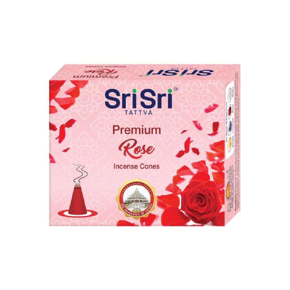 Sri Sri Tattva Premium Rose Incense Cones For Pooja | 12 Dhoop Cones | Fragrances – Natural Rose | Free Stand | 25 g