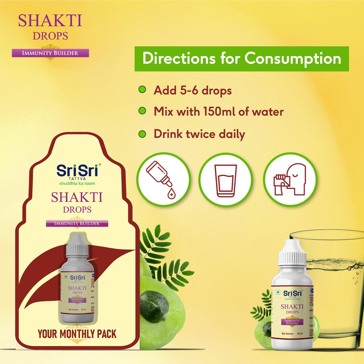 Sri Sri Tattva Shakti Drops - Ayurvedic Immunity Booster For All | Best For Strength & Stamina, Relief From Cold & Sore Throat | Monthly Pack | 30 ml