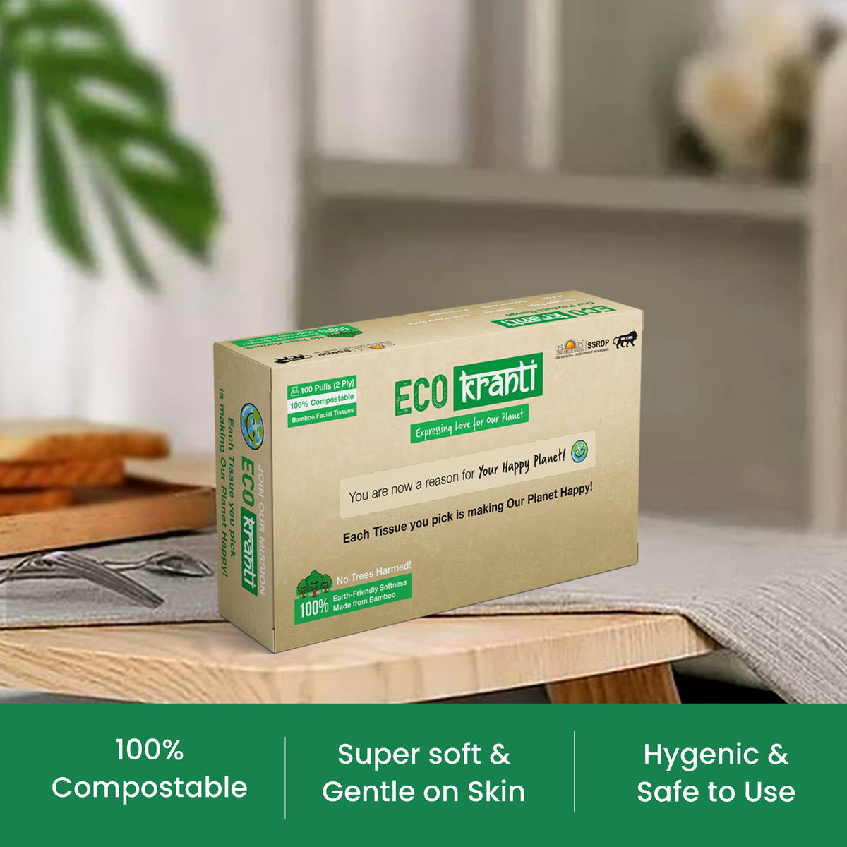 Sri Sri Tattva Eco Kranti - Bamboo Facial Tissue Paper Box | 100 Pulls x 3 Packs | Soft & Absorbent Face Tissues | Biodegradable, Compostable