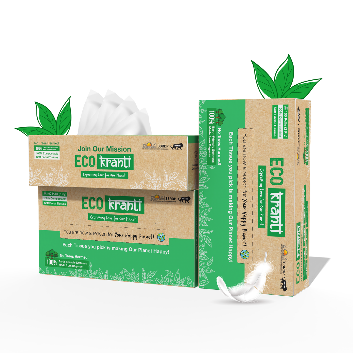Sri Sri Tattva Eco Kranti - Facial Tissue Paper Box | 100 Pulls x 3 Packs | 100% Natural Bagasse | Biodegradable, Compostable