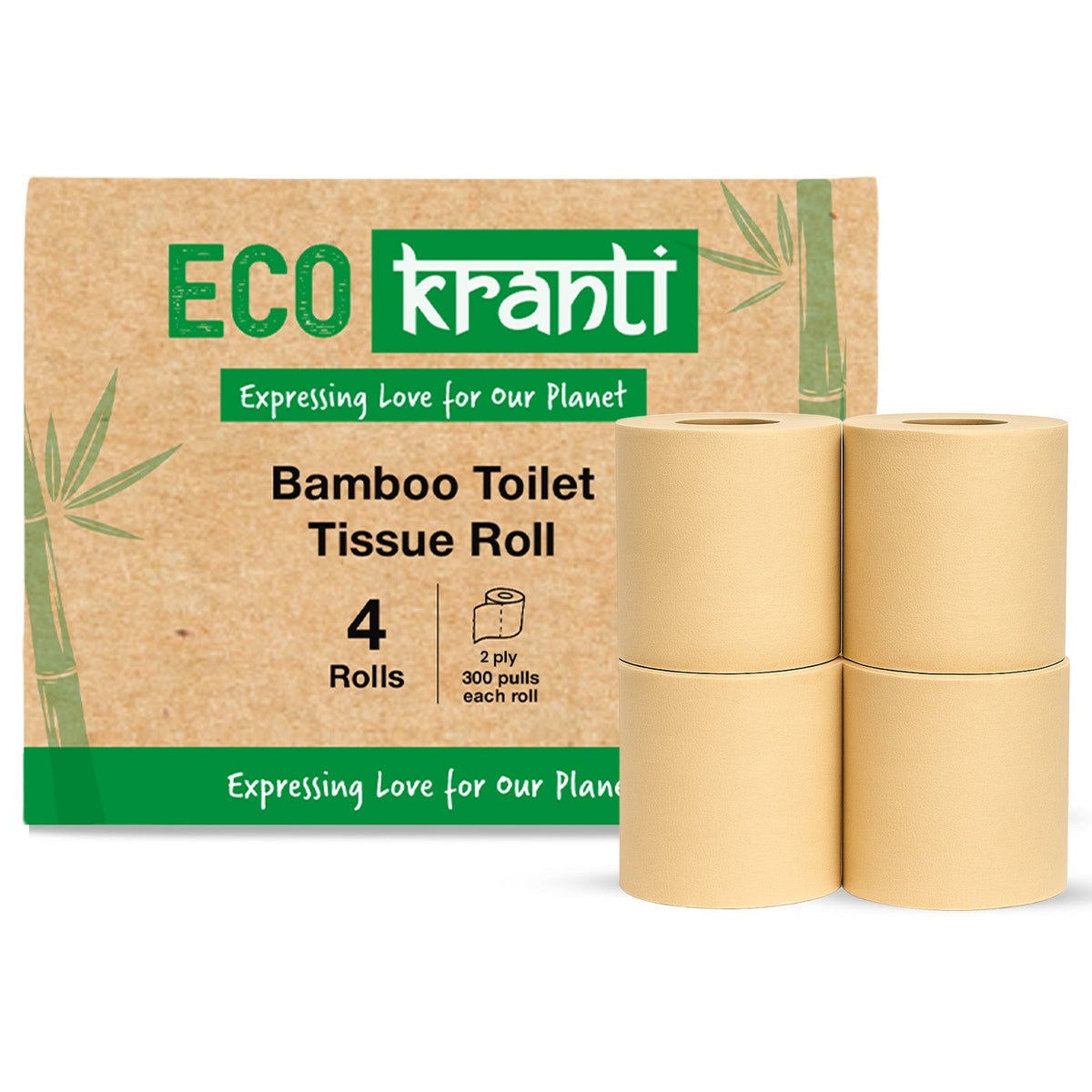 Sri Sri Tattva Eco Kranti - Bamboo Toilet Tissue Roll | 300 Pulls x 4 Packs | 100% Natural | Biodegradable, Compostable