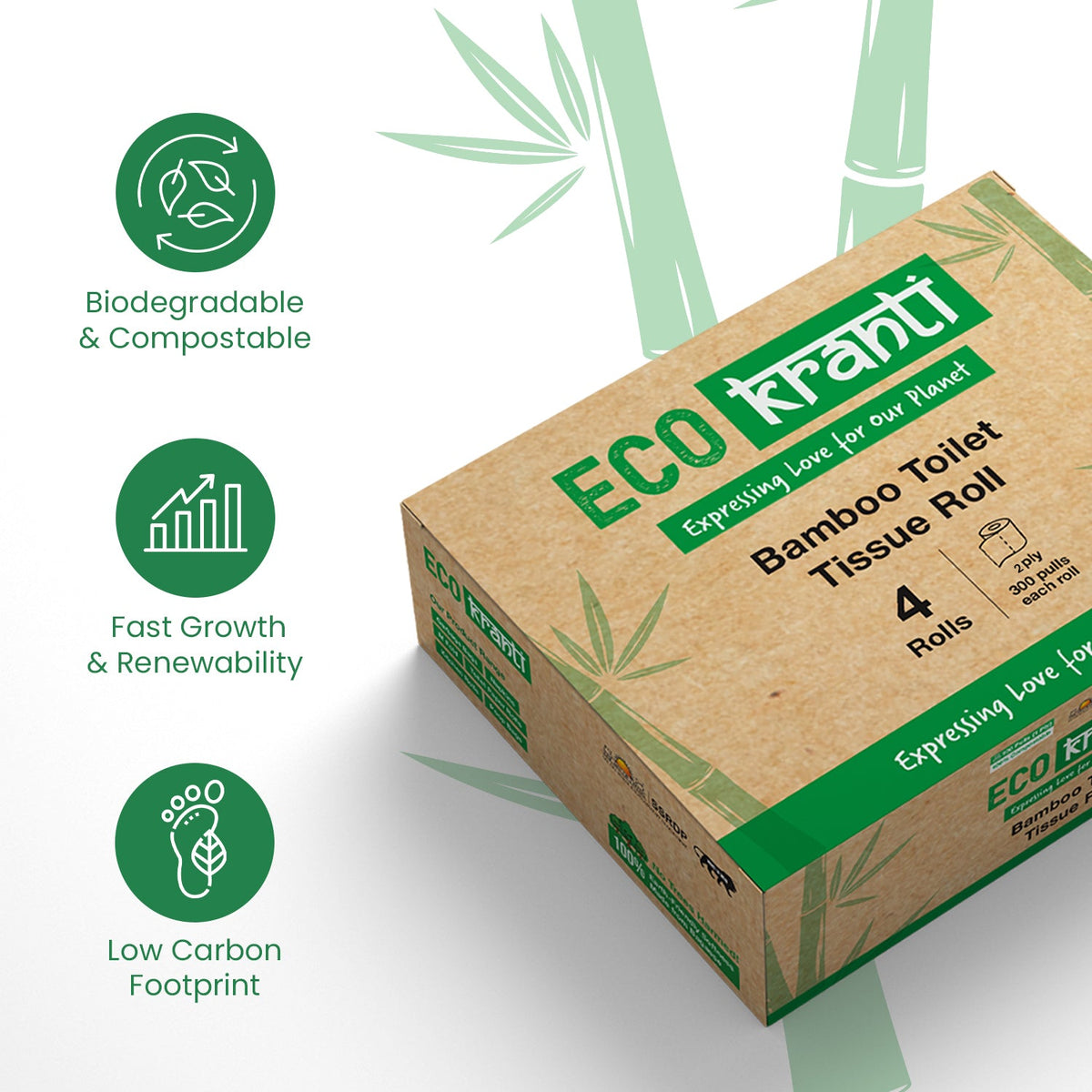 Sri Sri Tattva Eco Kranti - Bamboo Toilet Tissue Roll | 300 Pulls x 4 Packs | 100% Natural | Biodegradable, Compostable