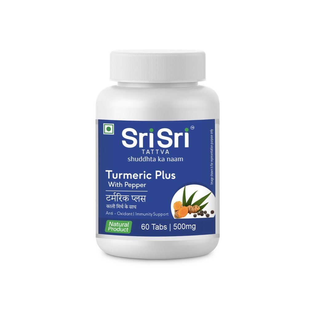 Sri Sri Tattva Turmeric Plus - With Pepper | Anti-Inflammatory, Antiseptic, Antibacterial properties and Immunity support | 60 Tabs, 500 mg