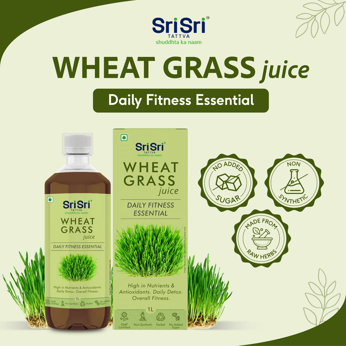 Sri Sri Tattva Wheat Grass Juice - Daily Fitness Essential | High In Nutrients & Antioxidants, Daily Detox, Overall Fitness | 1 L