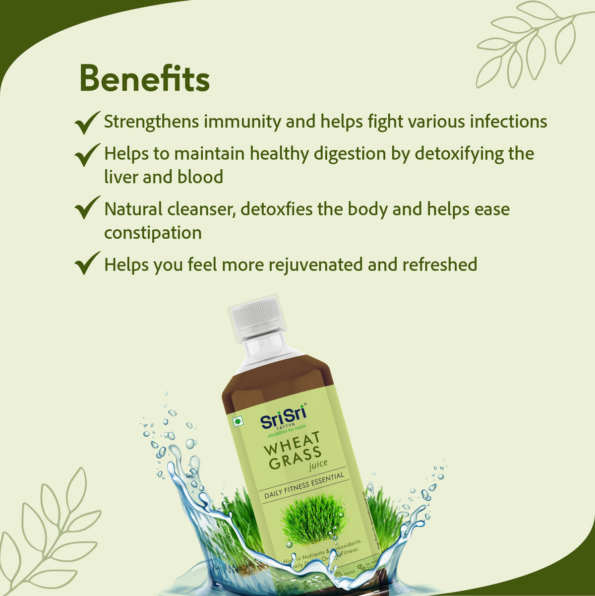 Sri Sri Tattva Wheat Grass Juice - Daily Fitness Essential | High In Nutrients & Antioxidants, Daily Detox, Overall Fitness | 1 L